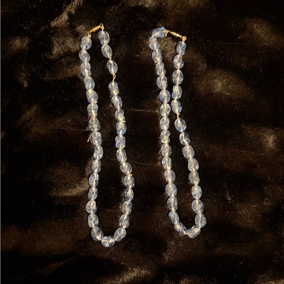 2 Vintage Elegant Blue Aquamarine? Beaded Strung Necklaces & Blue Brooch